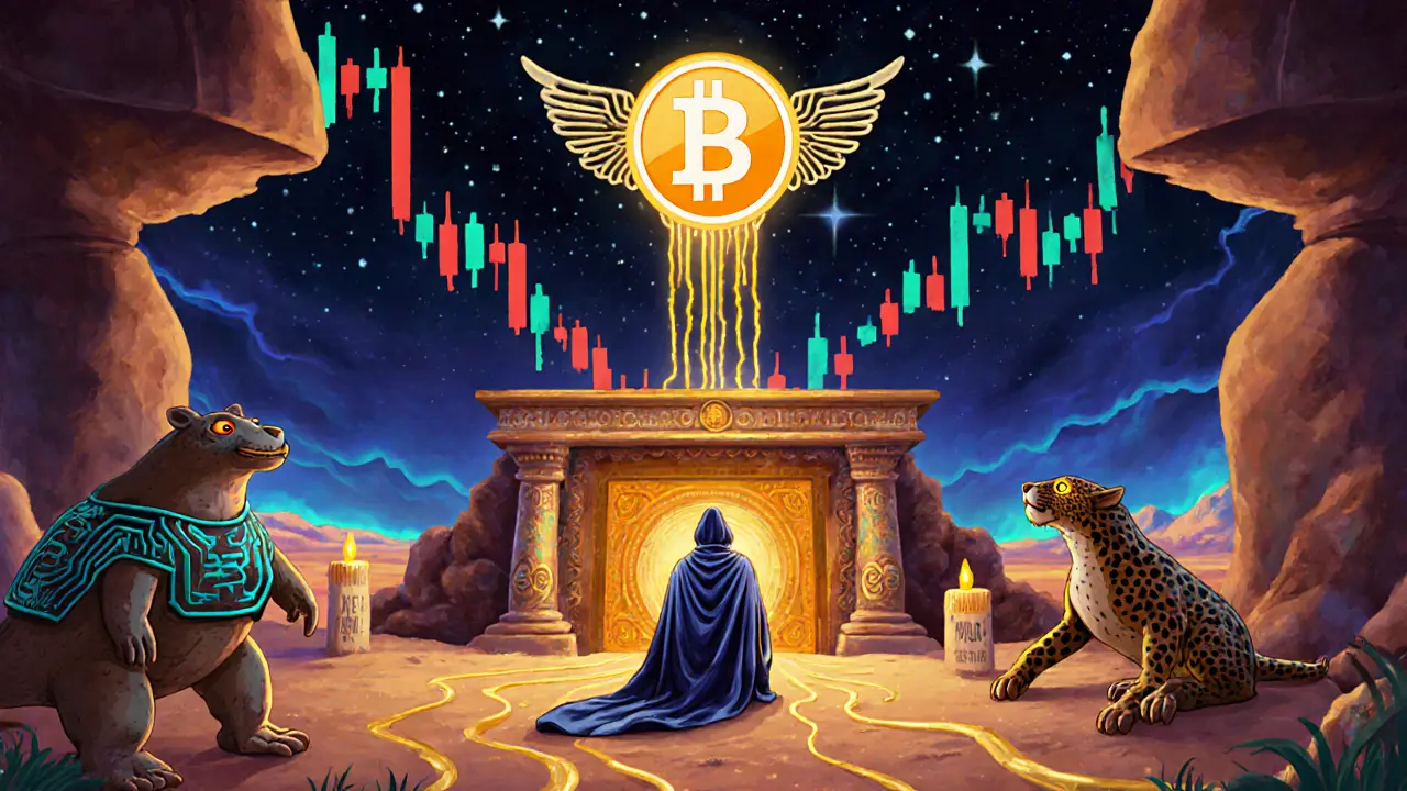 A trader locking KILO at a mystical altar, transforming into xKILO wings as golden fee streams rise into a celestial vault.