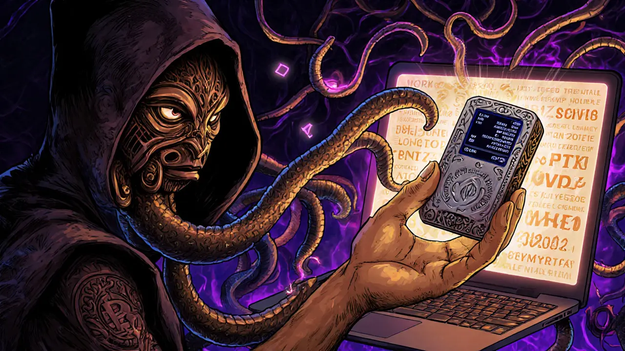 A user defended by a metal backup plate as a hacker with malware tentacles reaches for a Trezor device.