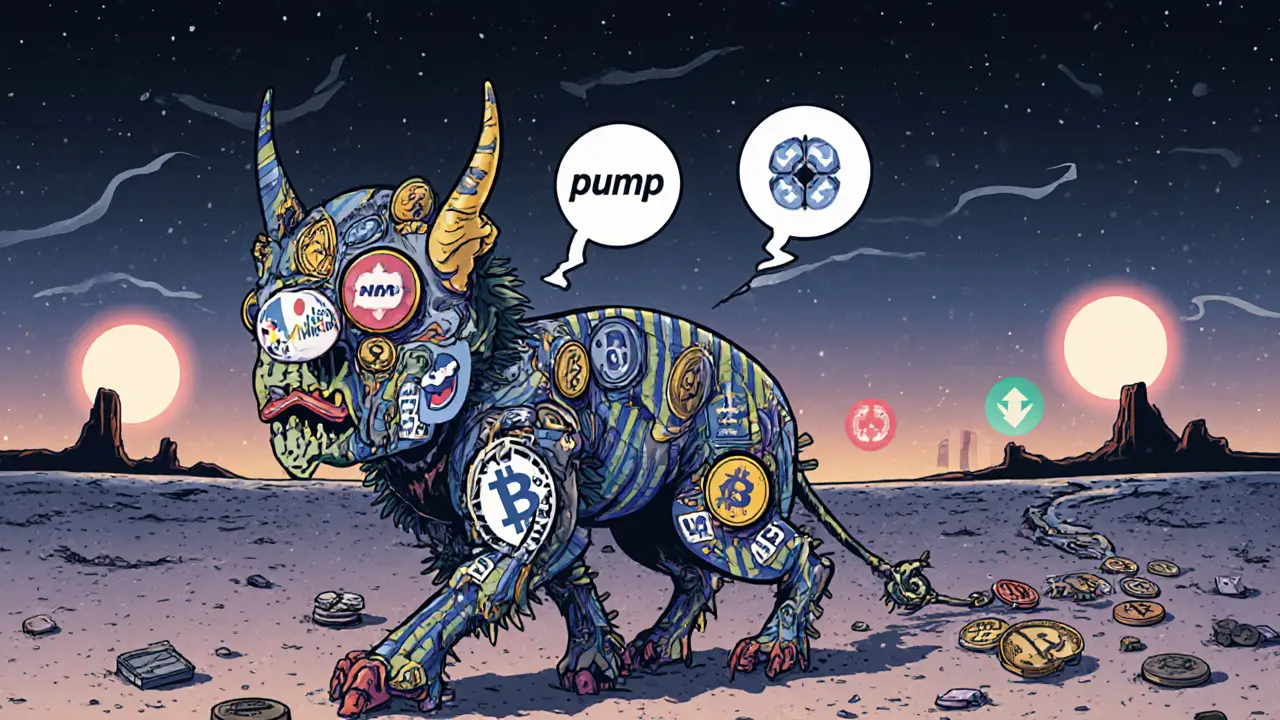 A zombie token creature with conflicting logos and empty wallets, crawling through a digital wasteland.