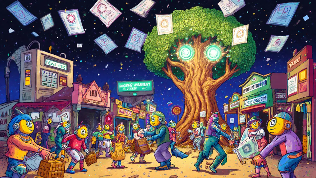 Alebrije figures in a marketplace exchanging goods under glowing certificates, guarded by an AI with holographic eyes.
