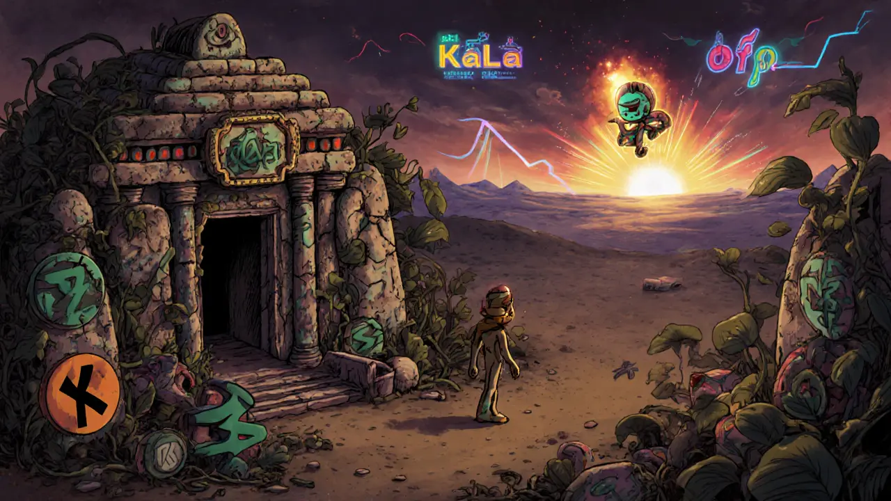 An abandoned temple of faded crypto symbols, overgrown with zero-volume vines, as a lone token spirit hovers sadly.