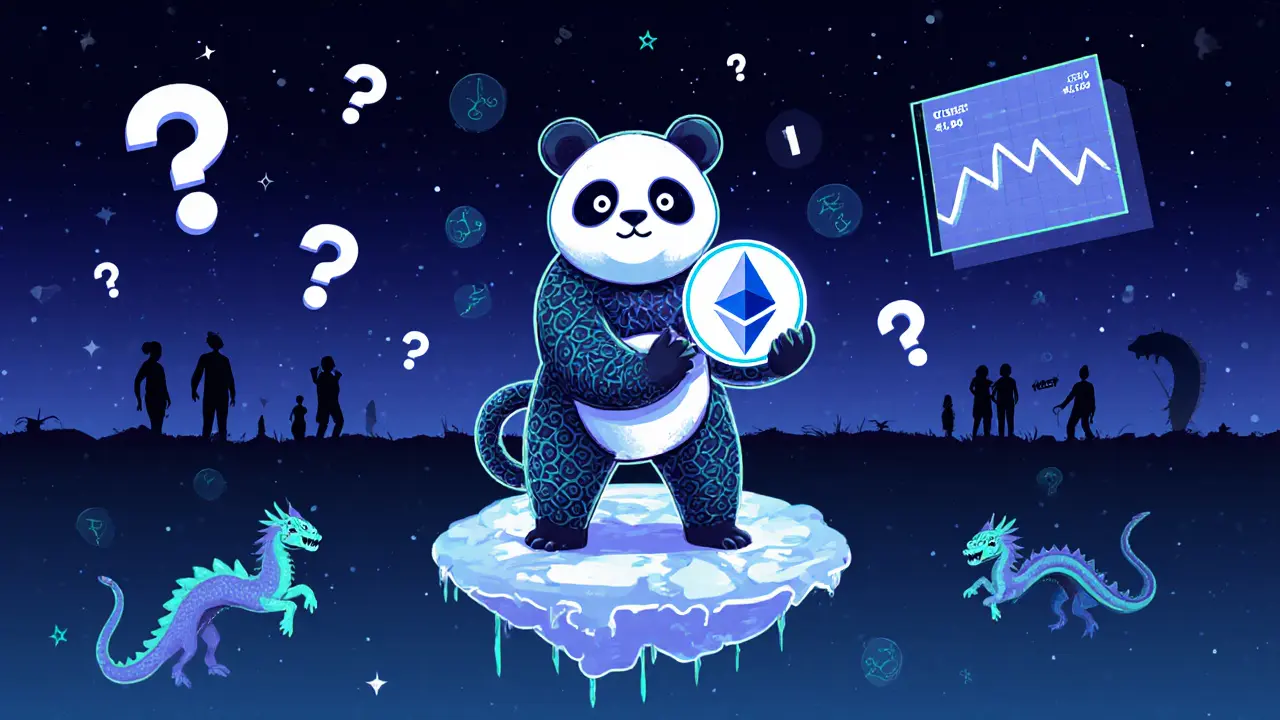 An Ethereum-wallet panda creature stands on a Discord logo, surrounded by price-chart dragons and glowing tokens.