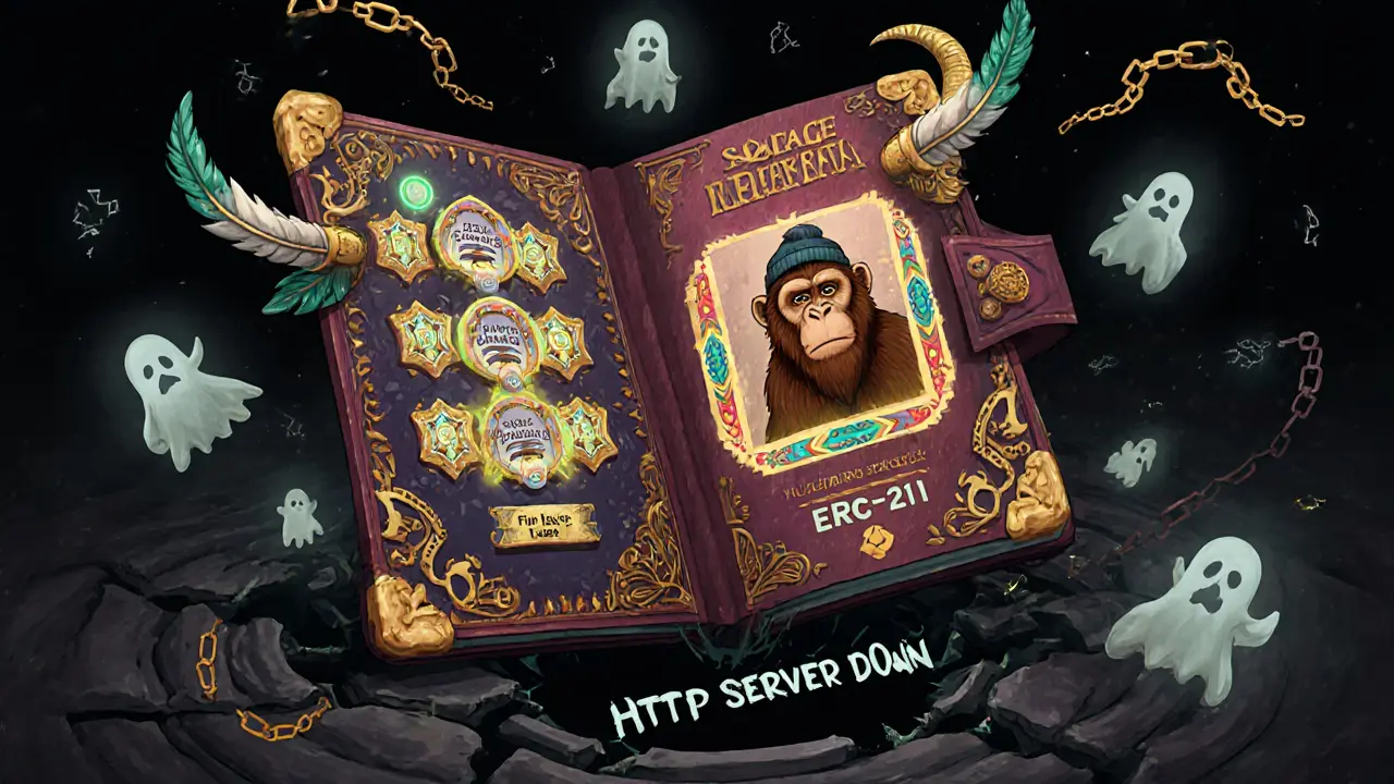 An ornate passport displaying an NFT artwork with trait badges, surrounded by broken links fading into a black hole labeled &#039;HTTP Server Down&#039;.