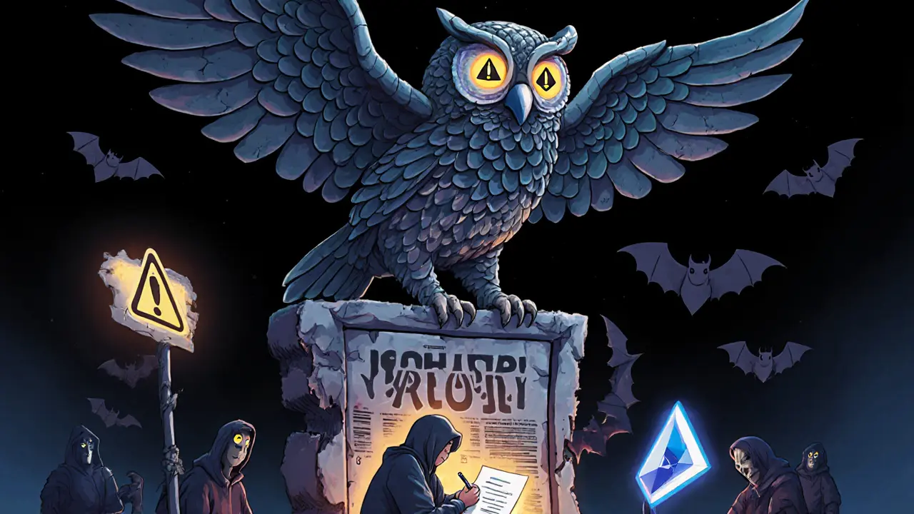 An owl with blockchain feathers perched on a fake Jupiter site, warning a user against phishing scams.