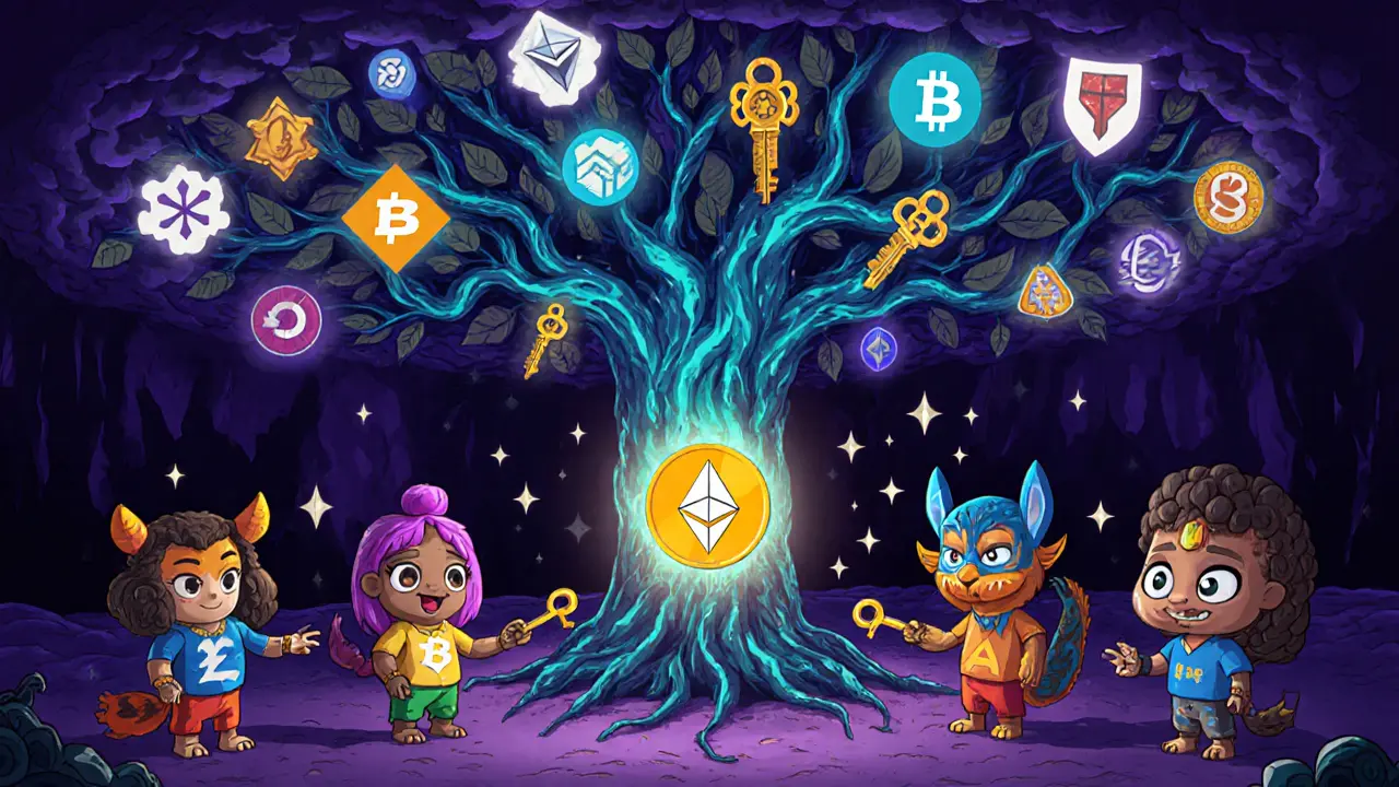 Diverse people passing crypto through spirit animals, beneath a blockchain tree breaking through censorship clouds.