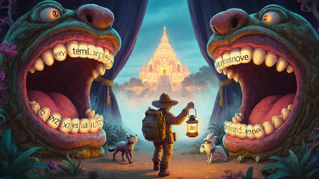 Explorer guided by spirit animals past scam portals toward a hidden temple labeled Cryptonovae.