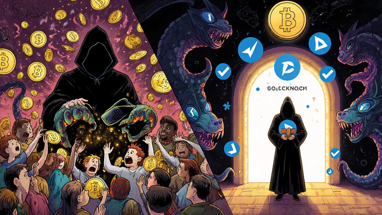 Split scene: chaotic scam crowd vs. calm figure approaching a verified portal with Solana wallet.