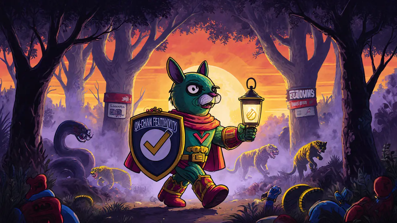 Wallet-hero with a checkmark shield walking past fake websites toward glowing real blockchain projects.