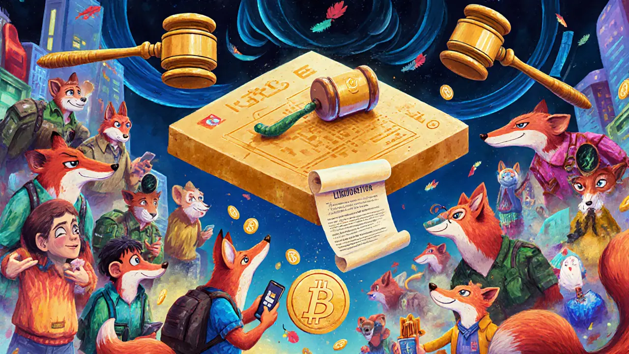 Whimsical retail traders scrambling on a floating KiloEx platform while regulatory shadows loom above, with a confused newcomer nearby.