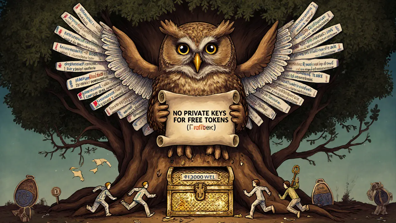 Wise owl with audit feather feathers perched above blockchain roots, warning against fake token chests.