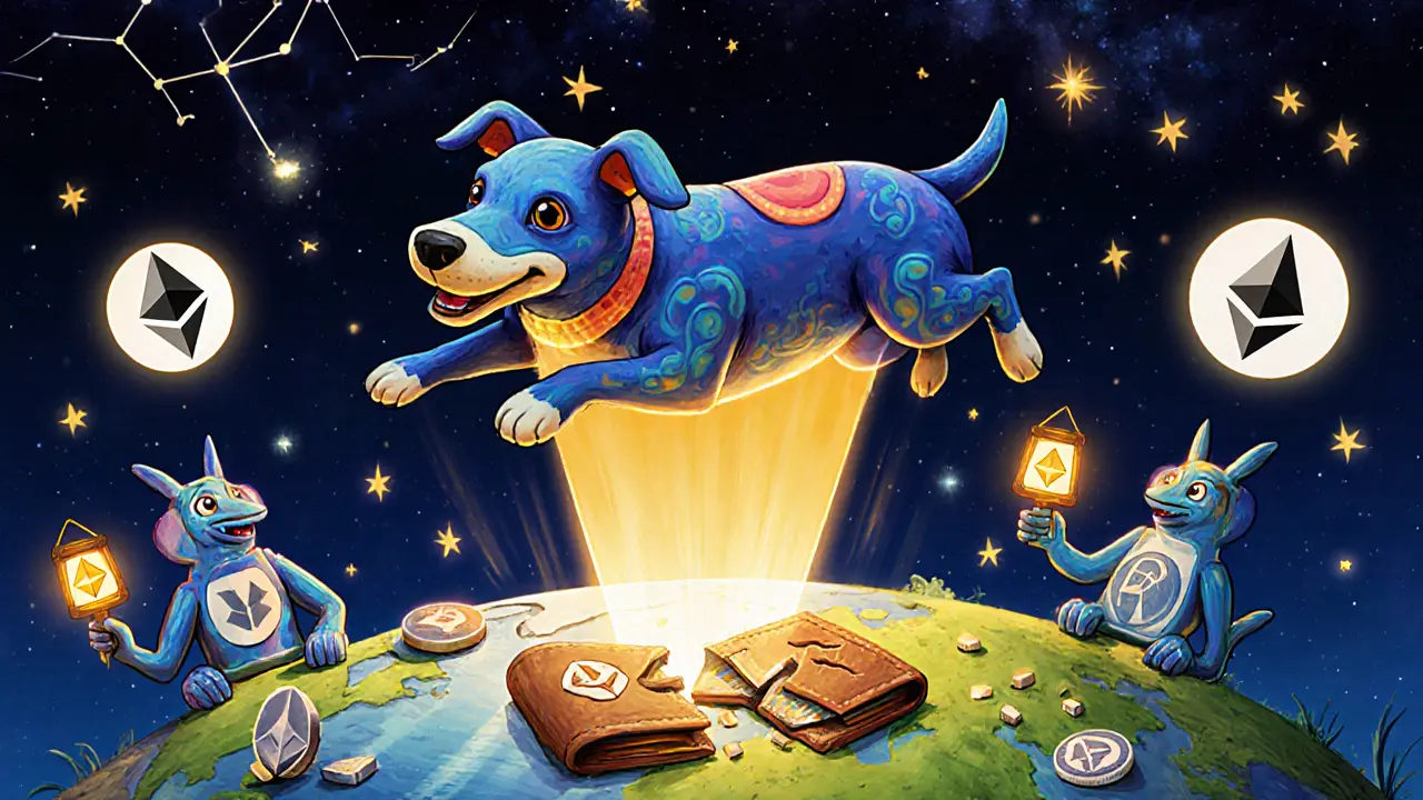 A celestial dog constellation shines light on a broken wallet, surrounded by Alebrije guardians.