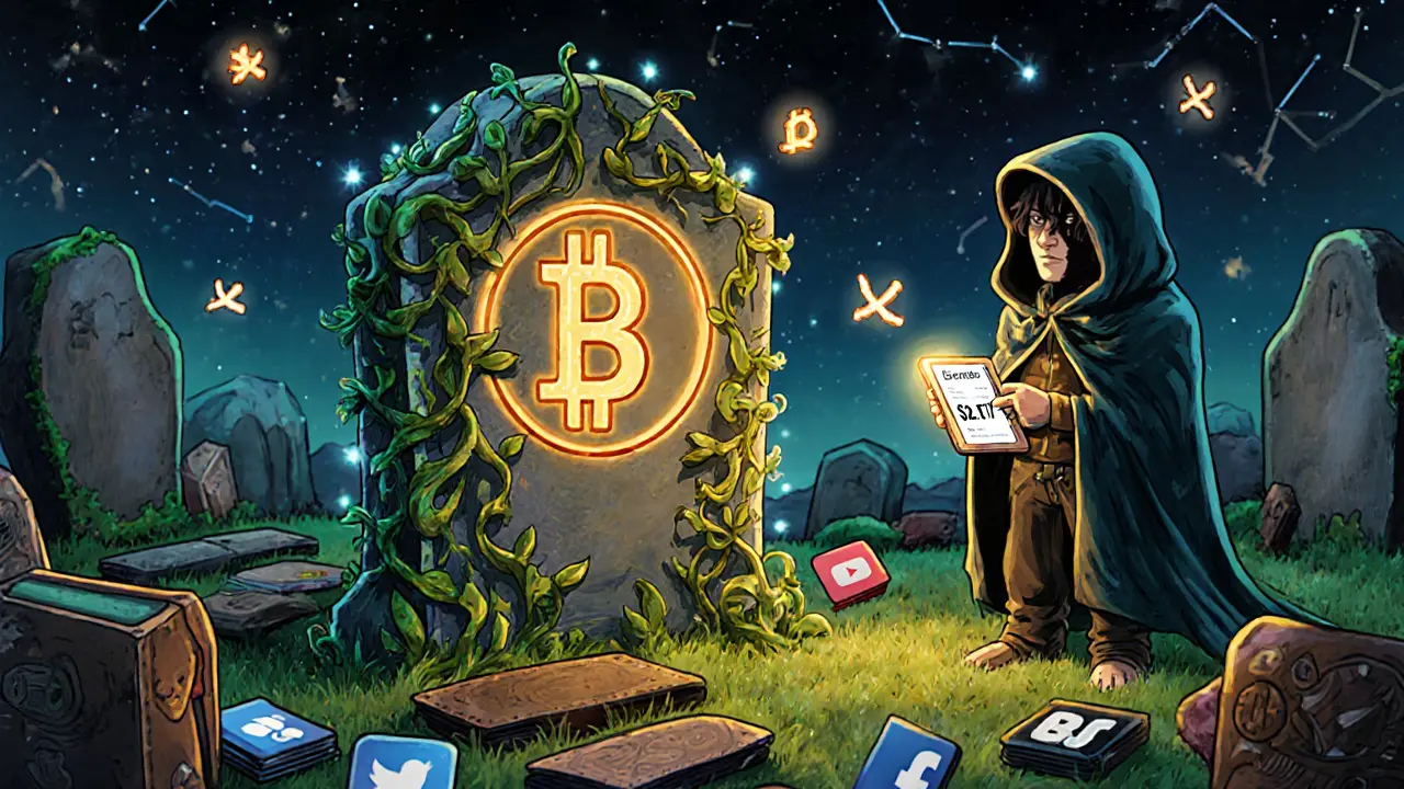 A digital tombstone for BSL covered in glitching vines, with a traveler examining a low-volume reading under a fading blockchain sky.