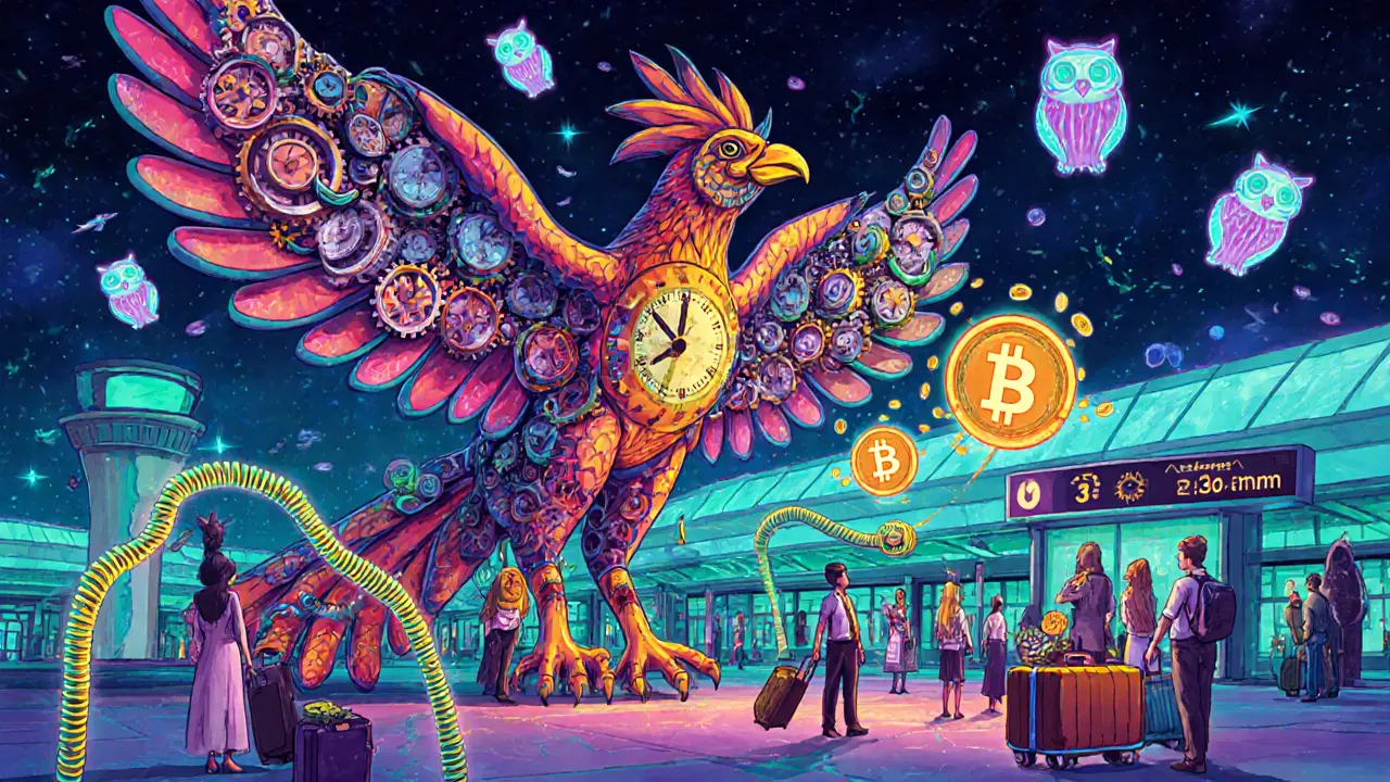 A fantastical airport scene with a phoenix releasing digital coins as delayed travelers receive payouts, surrounded by blockchain snakes and glowing oracles.