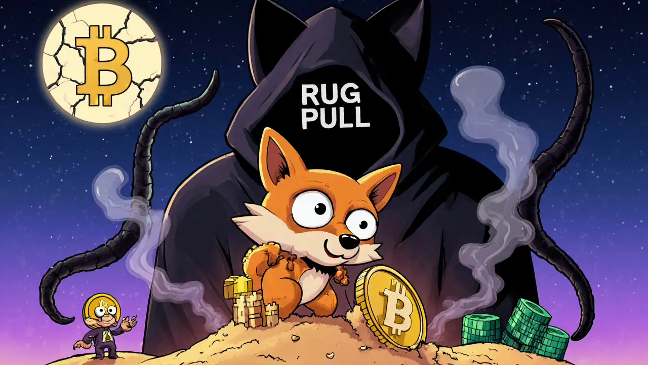 A fragile OBVIOUS COIN token is carried by a fox spirit as a shadowy &#039;RUG PULL&#039; figure drains its value into smoke.