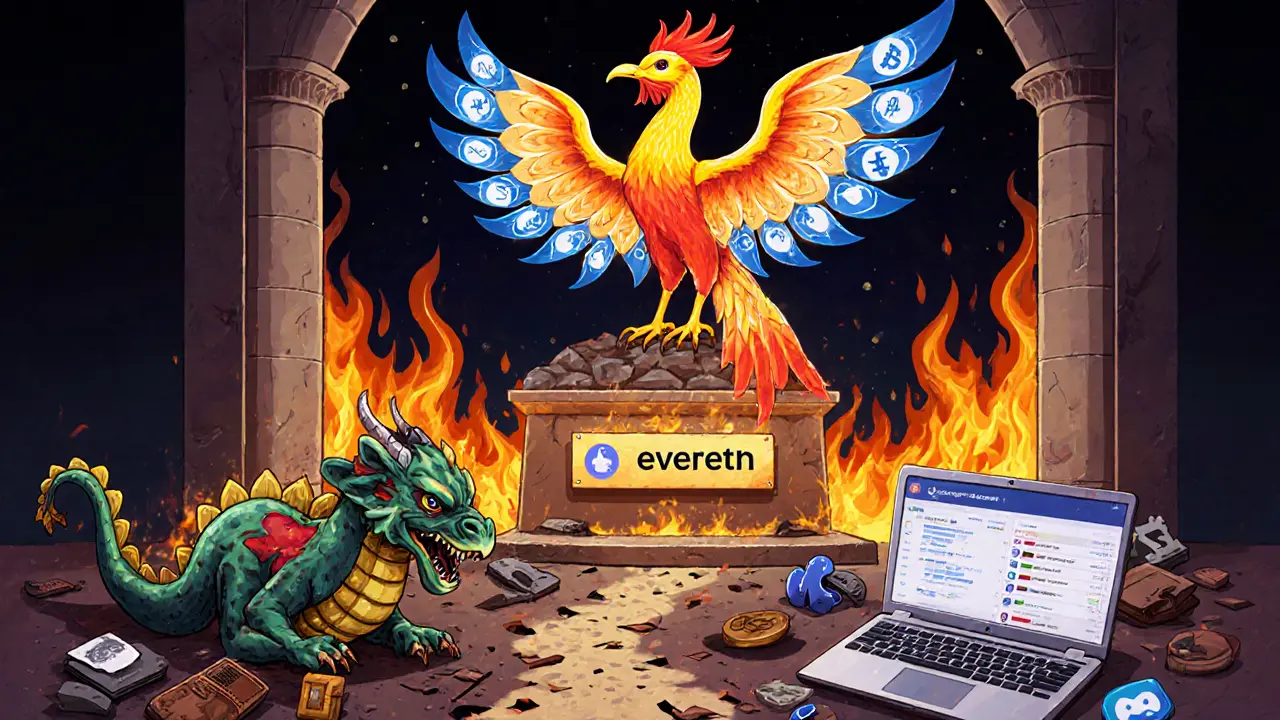 A glowing ETH staking phoenix rising above a decaying EVERETH dragon in ashes, with a path labeled &#039;Don’t Gamble. Stake.&#039;