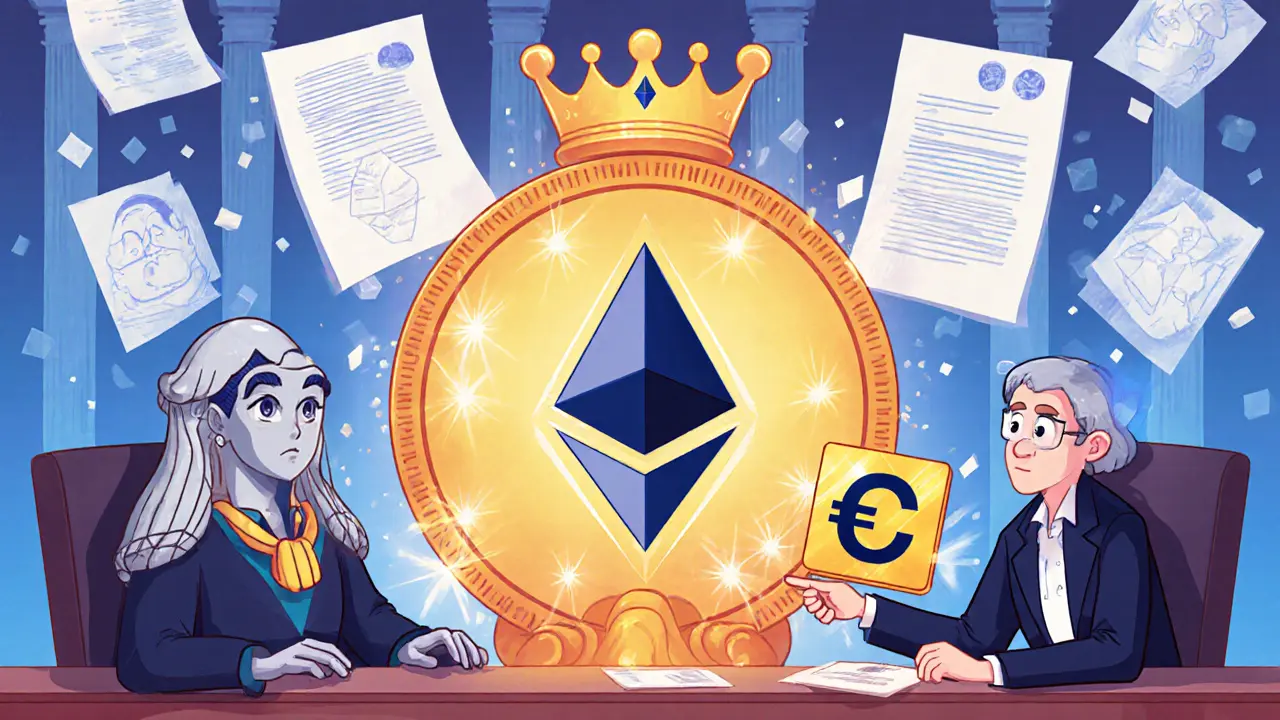A glowing NFT token on trial in a fantastical courtroom, dwarfed by a copyright symbol under an Ethereum-block crown.