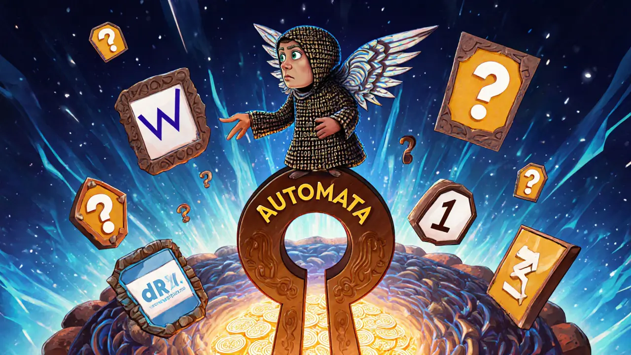 A humanoid figure with binary wings reaching for ATA tokens through a private network portal in colorful folk-art style.