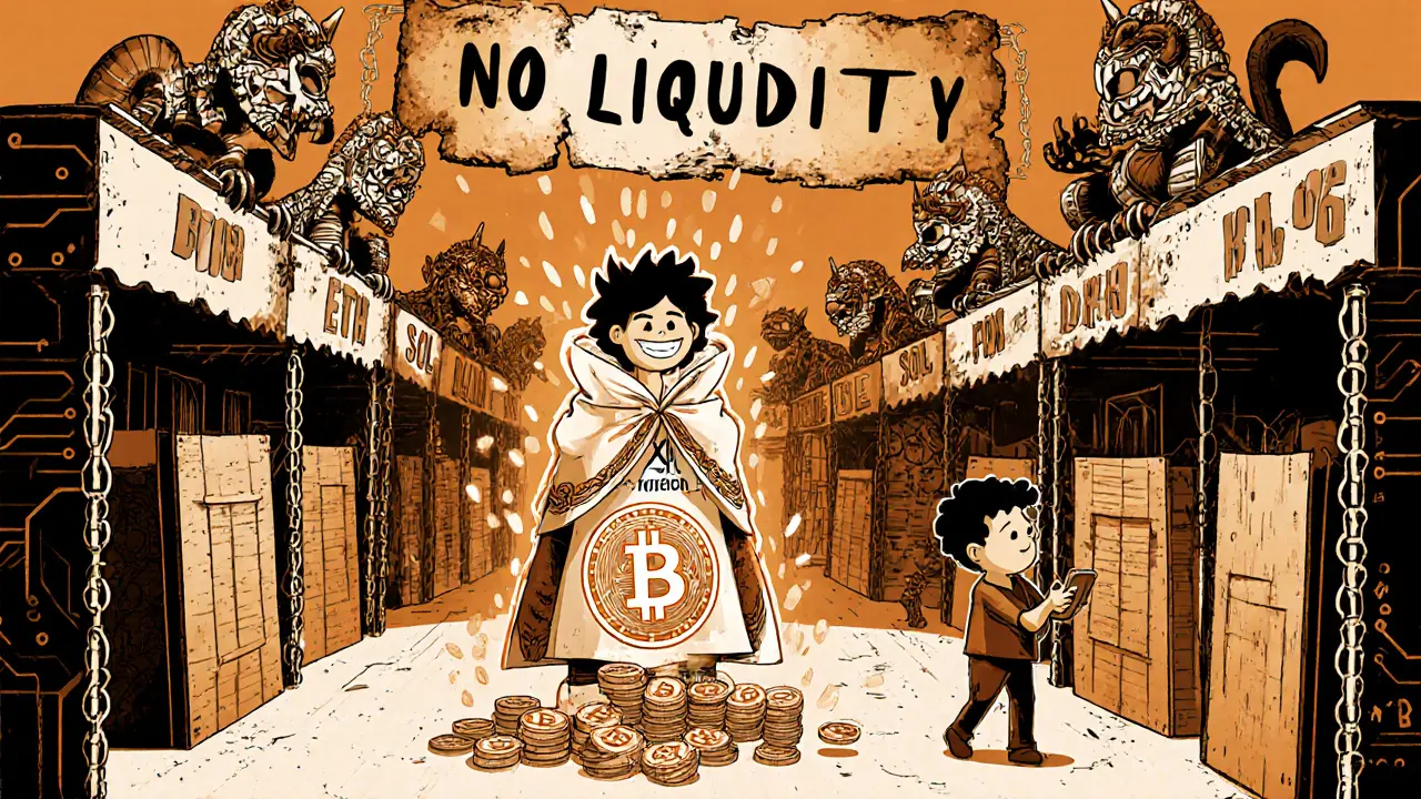 A lone trader paying fees while a wealthy staker is showered in coins, surrounded by empty stalls labeled with missing crypto tokens.