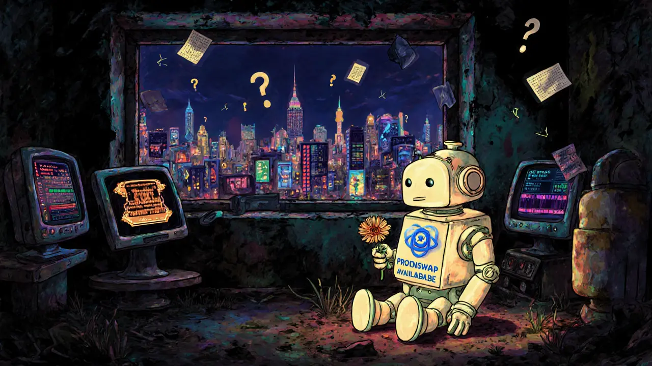 A lonely ProtonSwap robot in a dark lab, watching a distant bustling crypto city through a window, with question mark shadows looming.