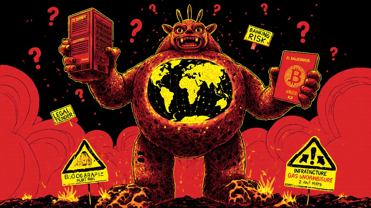 A multi-limbed creature with mining rig arm and lava feet, representing El Salvador&#039;s Bitcoin legal tender status.