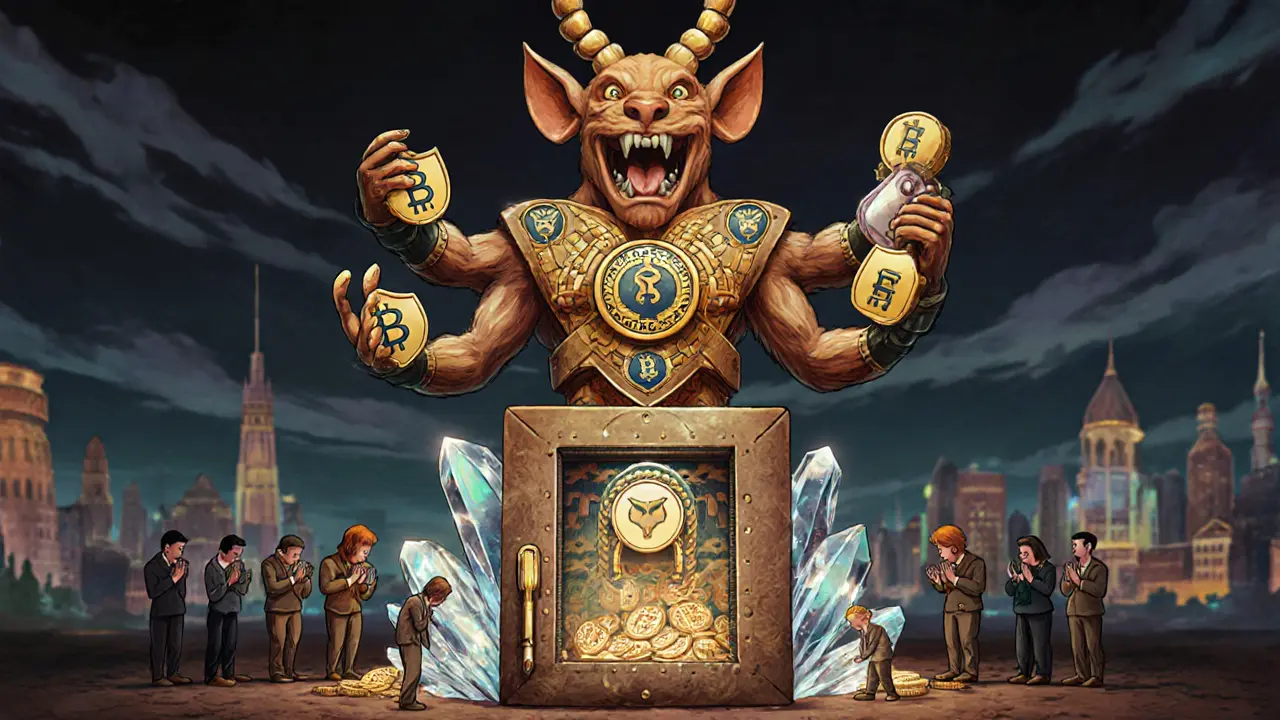 A protective regulatory guardian watches over crypto assets in intricate Alebrije art.