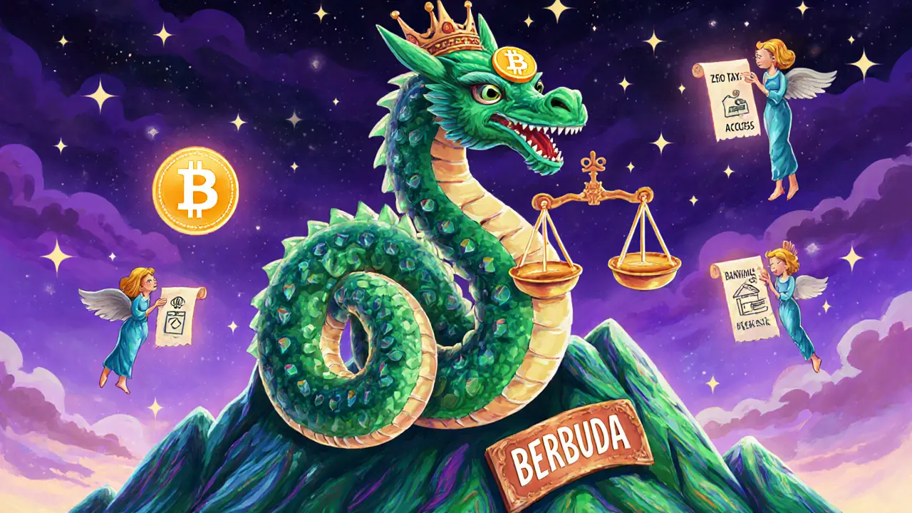 A smart contract serpent-dragon perched on Bermuda mountain, balancing tax and banking with glowing DeFi icons above.