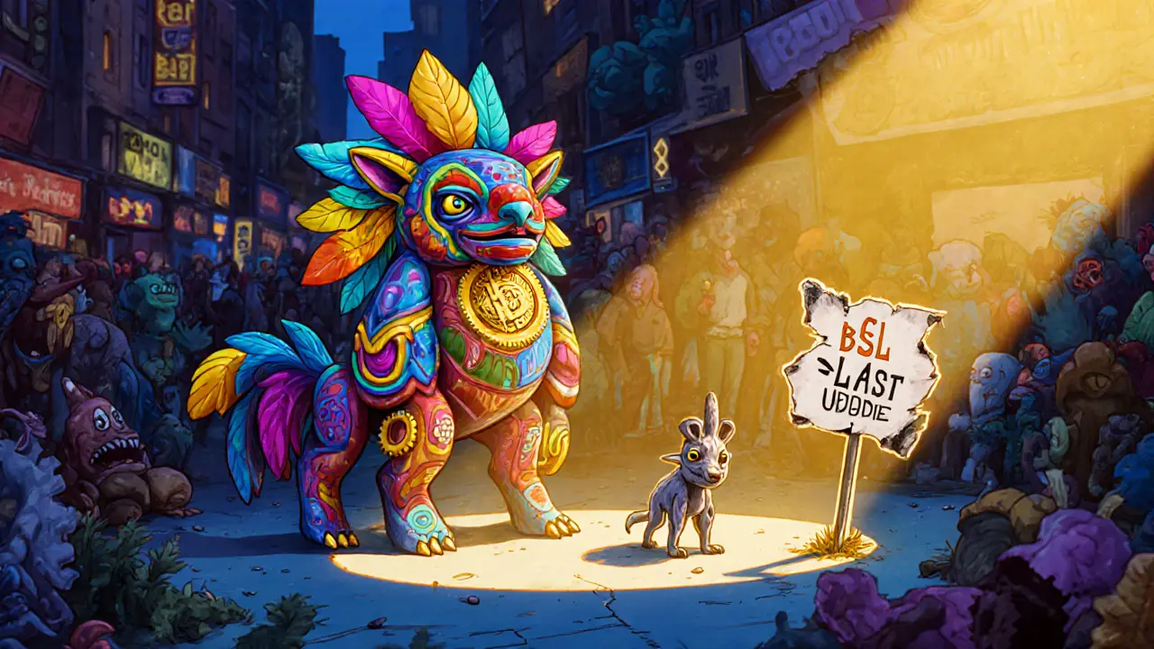 A vibrant Polkastarter creature stands tall beside active crypto beings, while a faded BSL spirit hides in shadow.