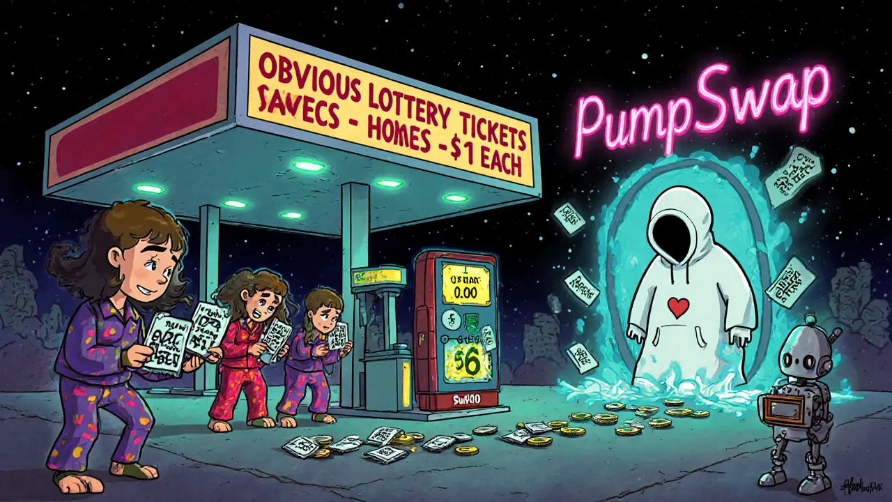 Cartoon investors scratch OBVIOUS COIN lottery tickets at a gas station while a hoodie figure vanishes through a portal.