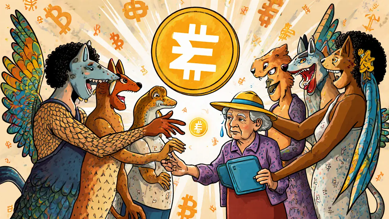 Diverse figures pass a glowing ELON token to an elderly woman, symbolizing community charity.