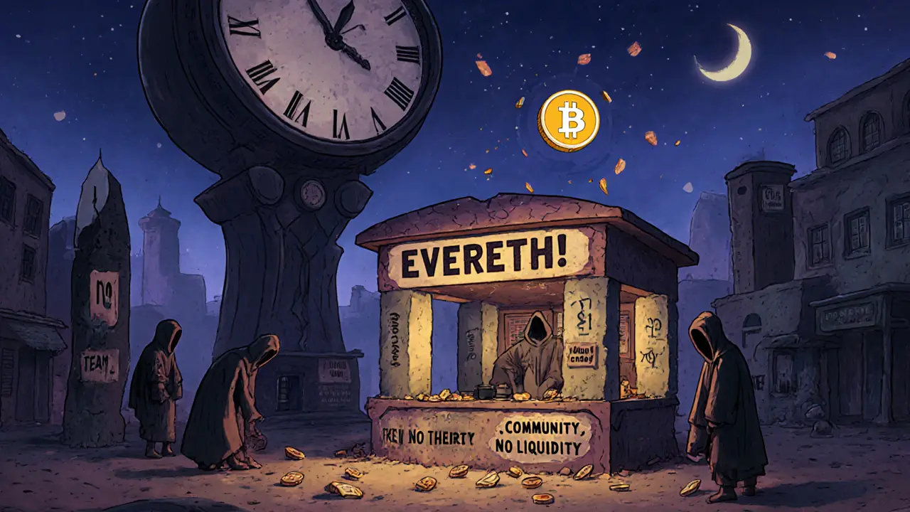 Shadowy traders at a dead marketplace trying to exchange worthless EVERETH tokens under a fading &#039;FREE ETH&#039; sign.