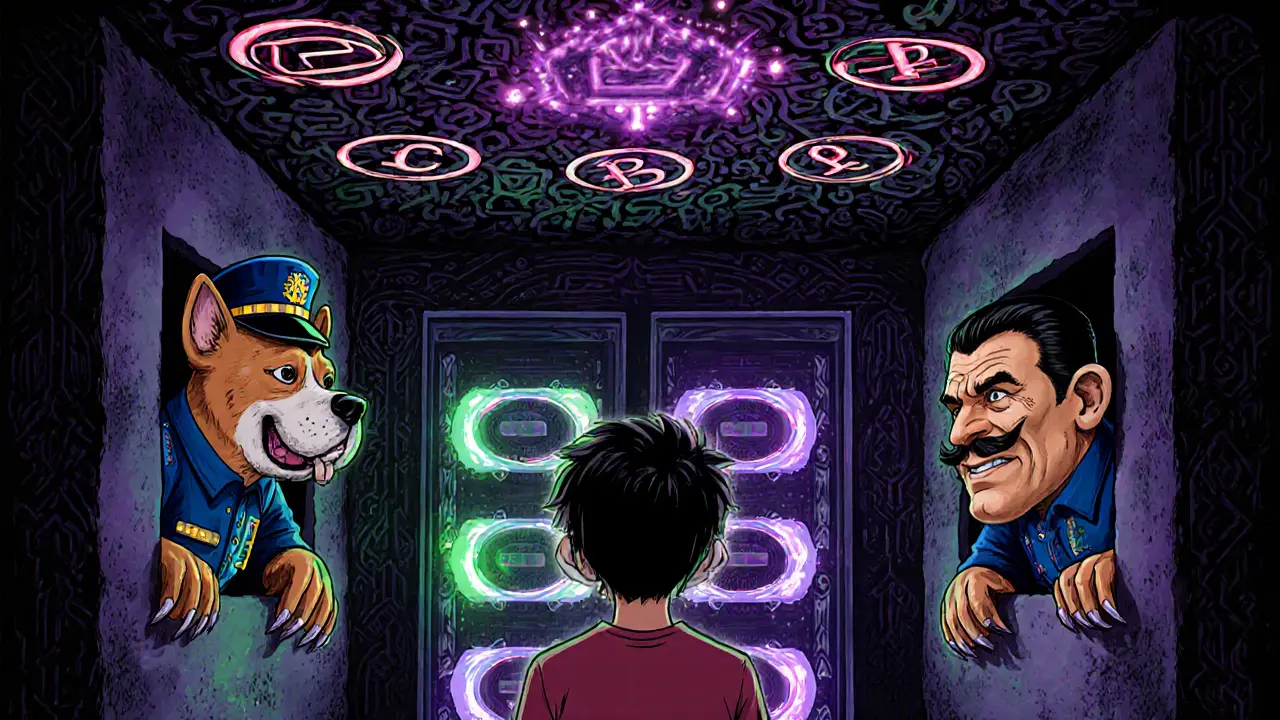 Someone mining crypto in secret, watched over by police-like alebrije spirits in a dimly lit room.