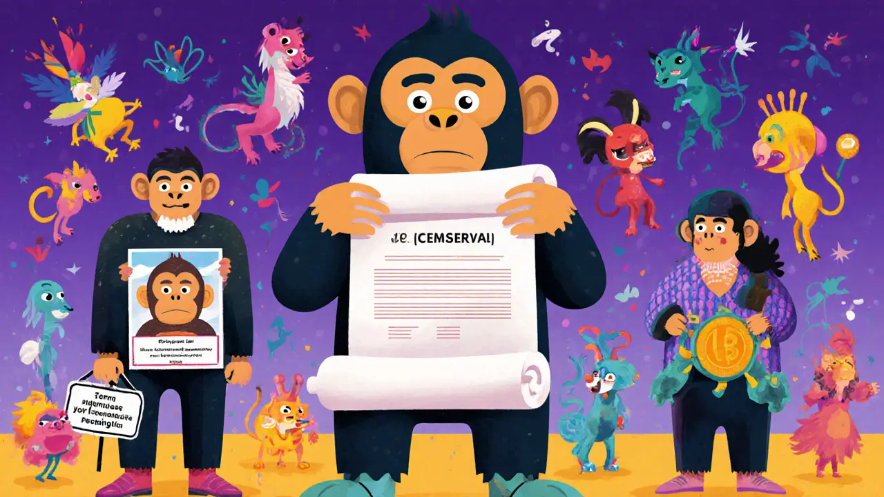 Three NFT owners with different rights levels, each accompanied by mythical creatures representing their usage permissions.