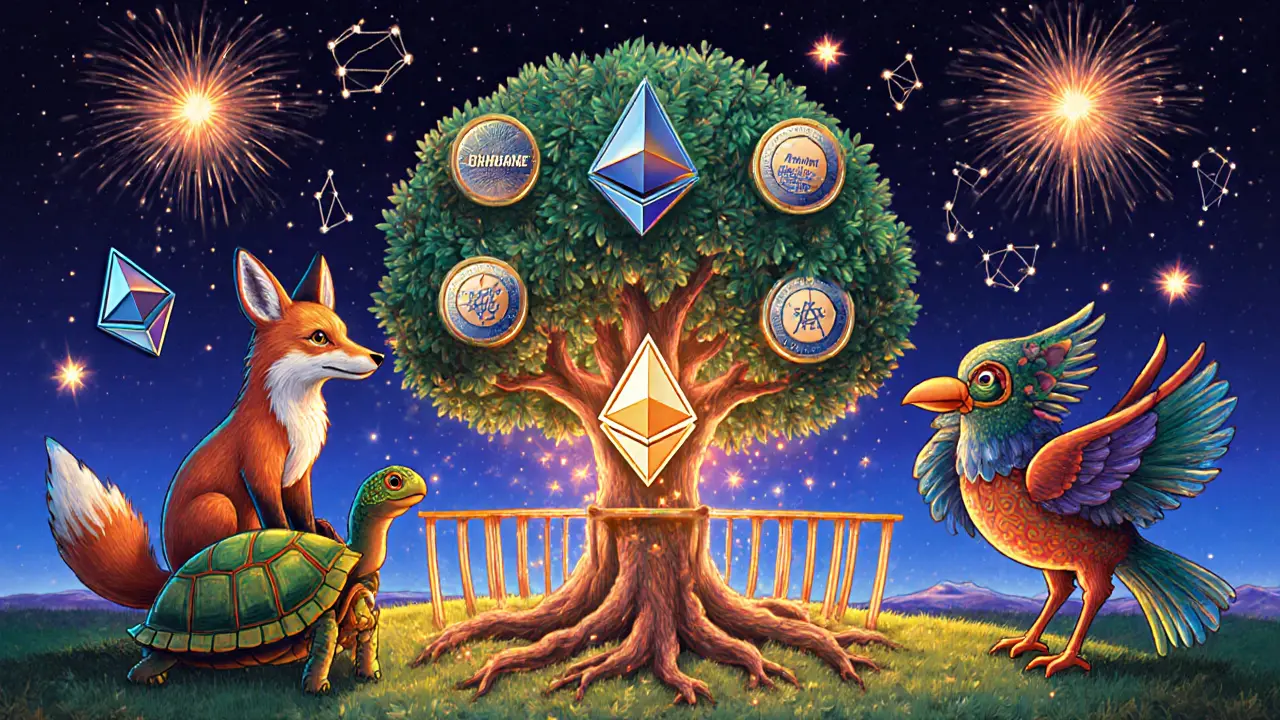 Whimsical animal beings gathered around a tree of ATA tokens, symbolizing community and privacy in alebrije art style.