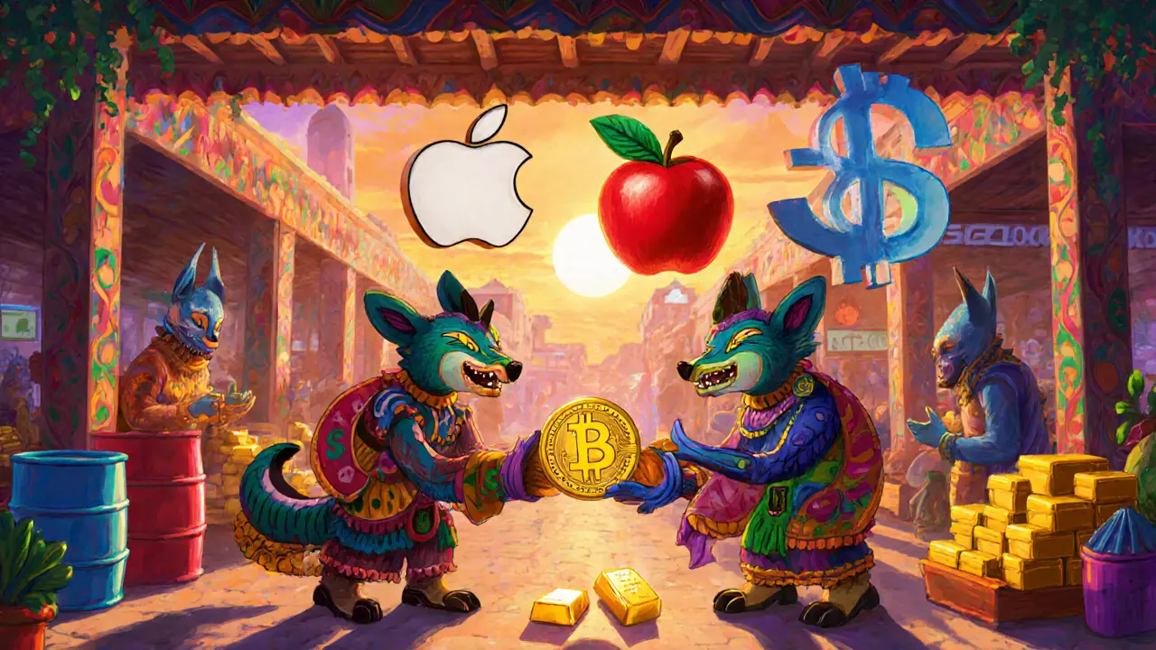 Whimsical traders bartering crypto for tokenized stocks in a magical marketplace.