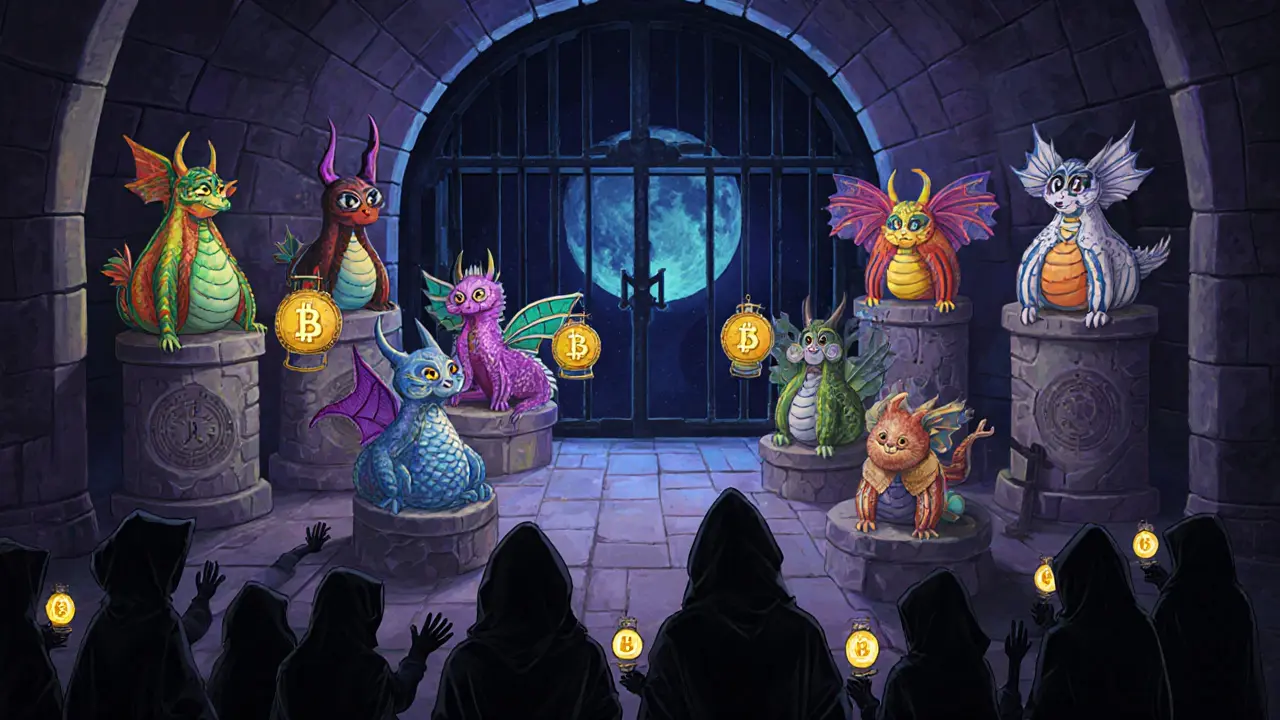 140 unique NFT creatures resting in a moonlit vault as shadowy onlookers reach toward barred gates.