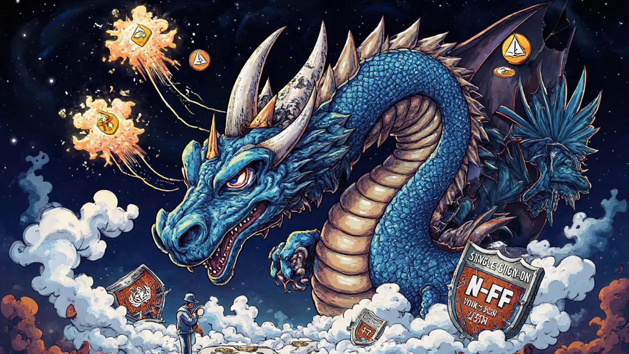 A blockchain dragon spits crypto coins that become nuclear warheads, chased by a lone investigator tracing the trail through DeFi clouds.