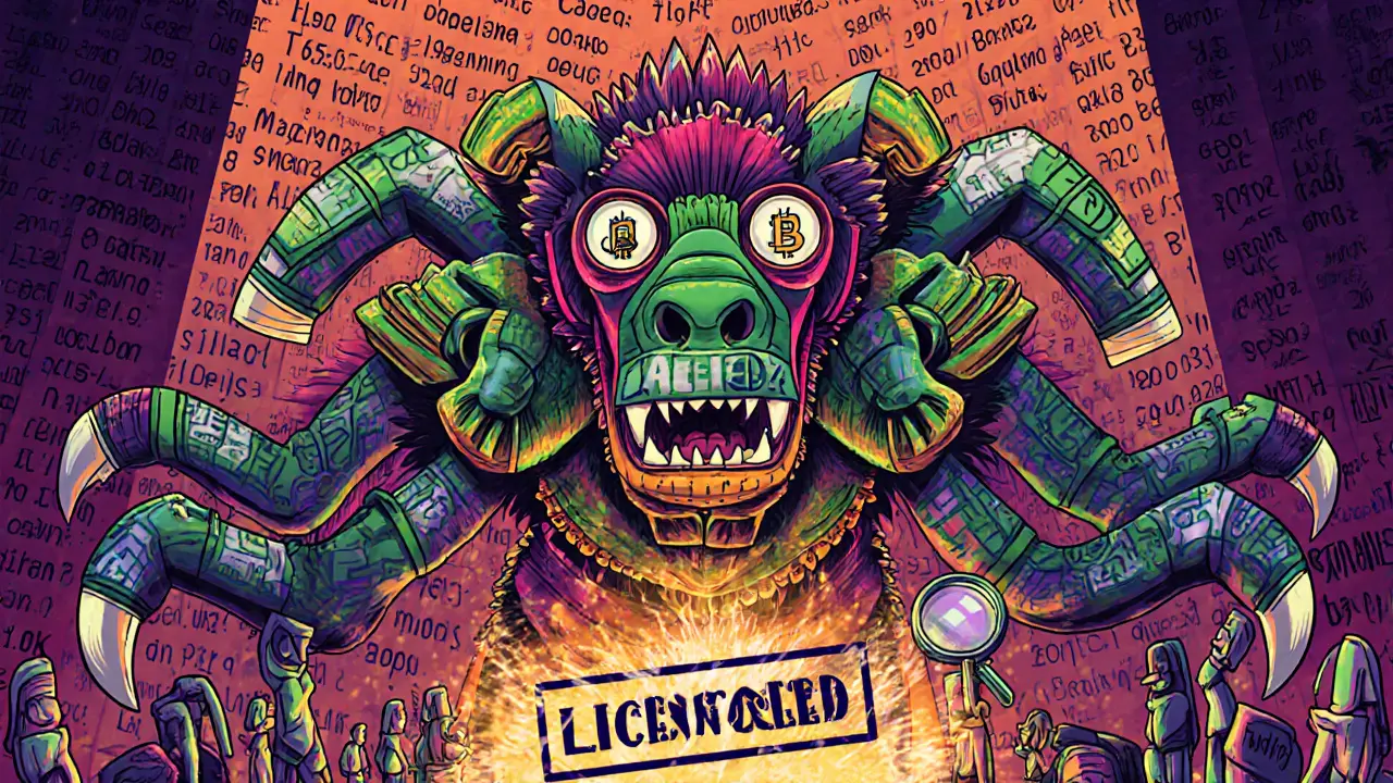 A blockchain-shaped alebrije beast on trial with three heads symbolizing SEC, CBN, and EFCC authorities.