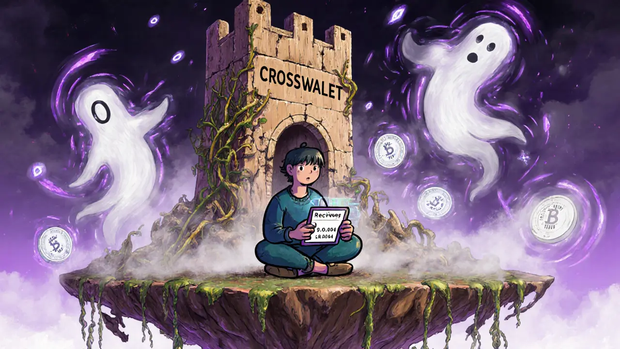 A calm user receives 10 CWT tokens as ghostly price tags fade away beside a crumbling CrossWallet tower.