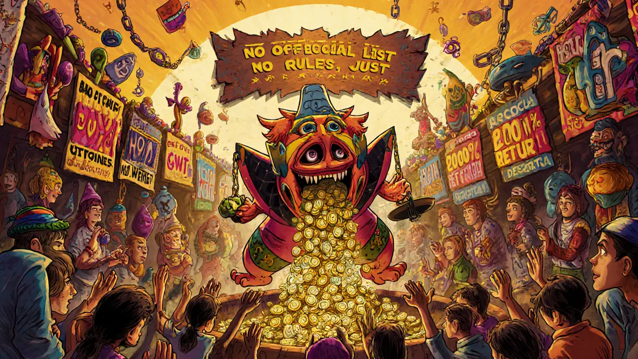 A chaotic crypto bazaar where a wallet-shaped alebrije spits CWT tokens into a pit of desperate hands.