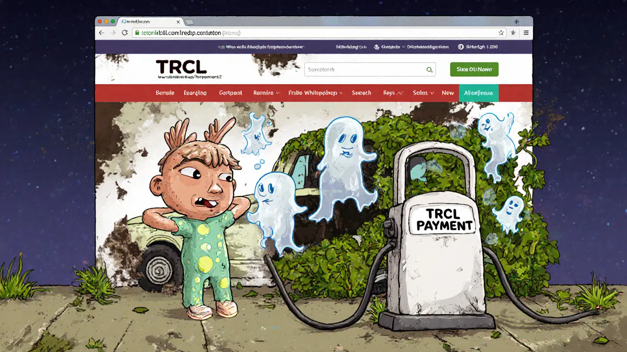 A confused EV driver facing a TRCL charging port with ghostly tokens flickering, while a decaying website and GitHub repo fade behind them.