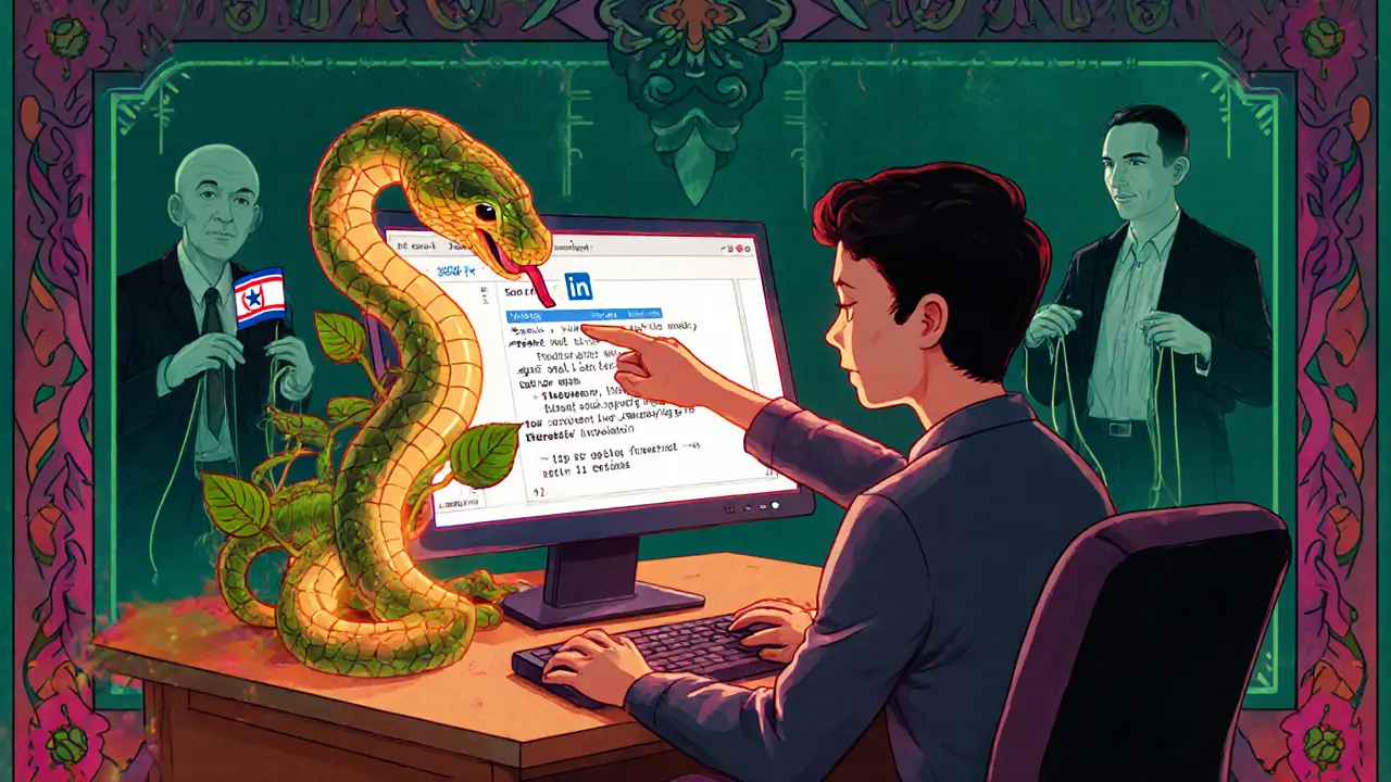 A developer receives a deceptive LinkedIn message that transforms into a snake, while ghostly figures manipulate transactions in alebrije style.