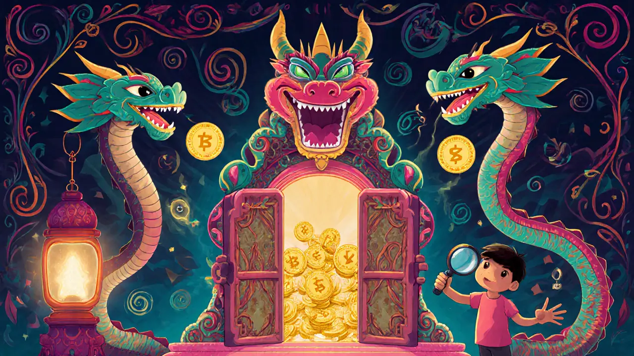 A dragon-shaped BentoBox vault glowing with stablecoins, surrounded by lending serpents and curious users in Alebrije style.