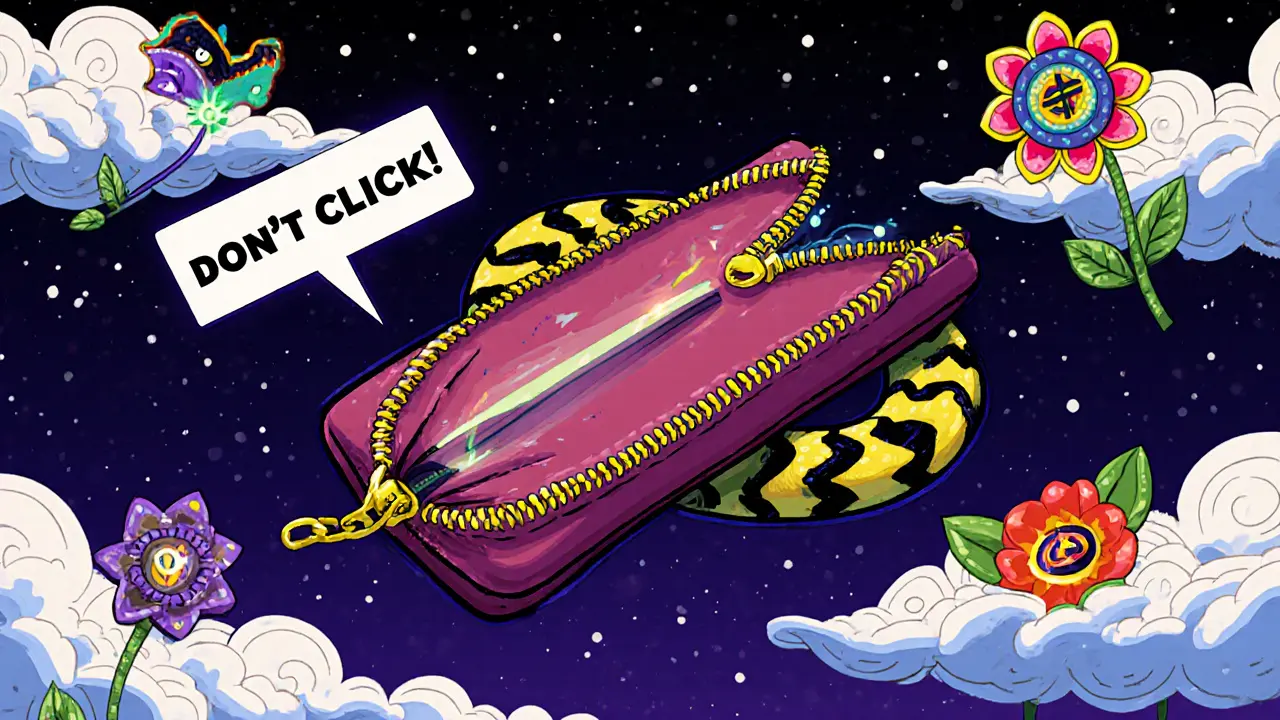 A floating wallet with a warning serpent, surrounded by real airdrops blooming as colorful flowers.