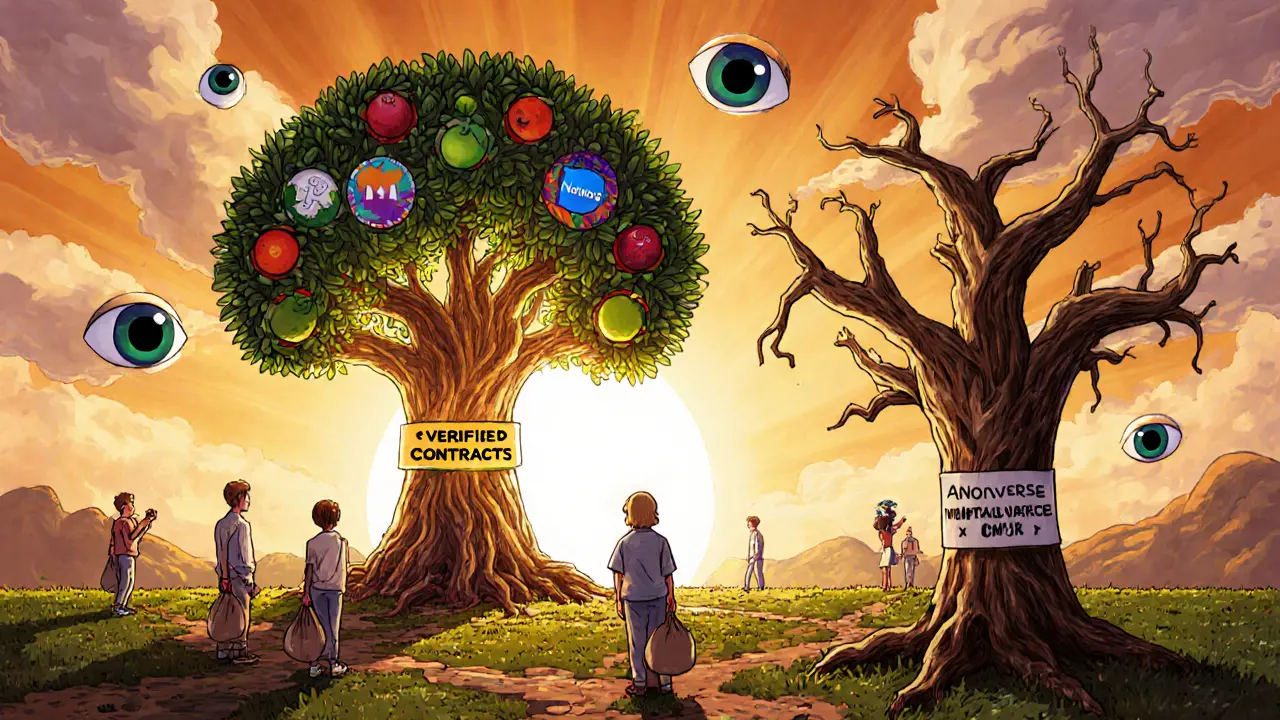 A glowing blockchain tree with real airdrops thriving while a withered fake one decays in the foreground.