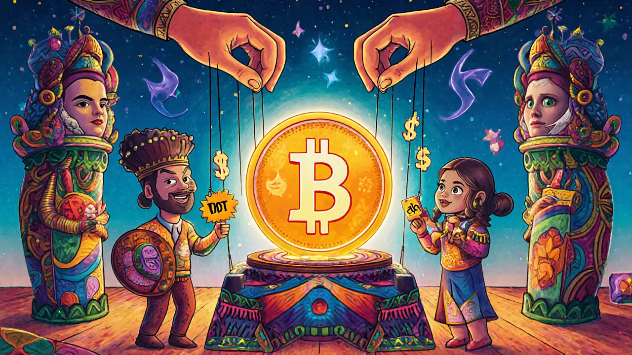 A glowing $SUP token altar with traders offering crypto, guarded by audit spirits in Alebrije folk-art style.