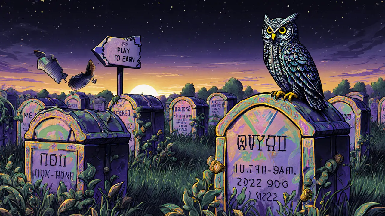 A graveyard of chest-shaped NFT tombstones grows digital vines, with a circuit-feathered owl perched atop the largest stone under a crumbling play-to-earn sign.