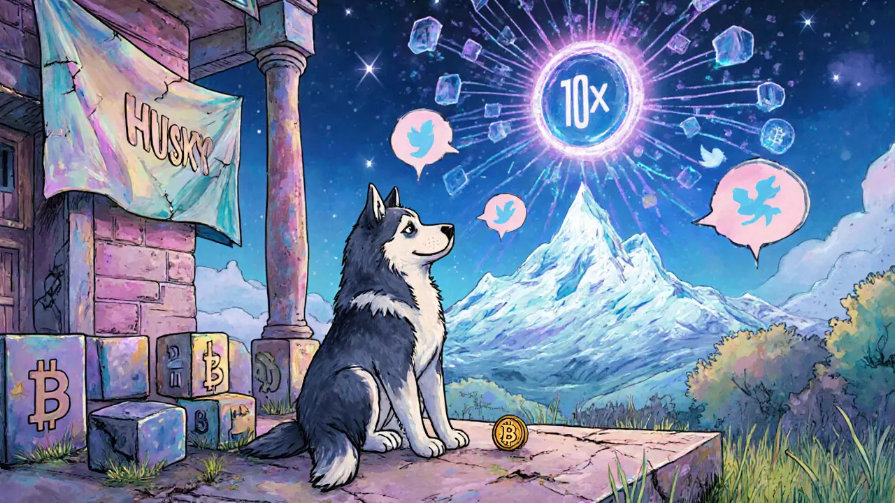 A lonely husky figurine on a blockchain porch, staring at a fading &#039;10x&#039; hologram amid a thriving Avalanche network.