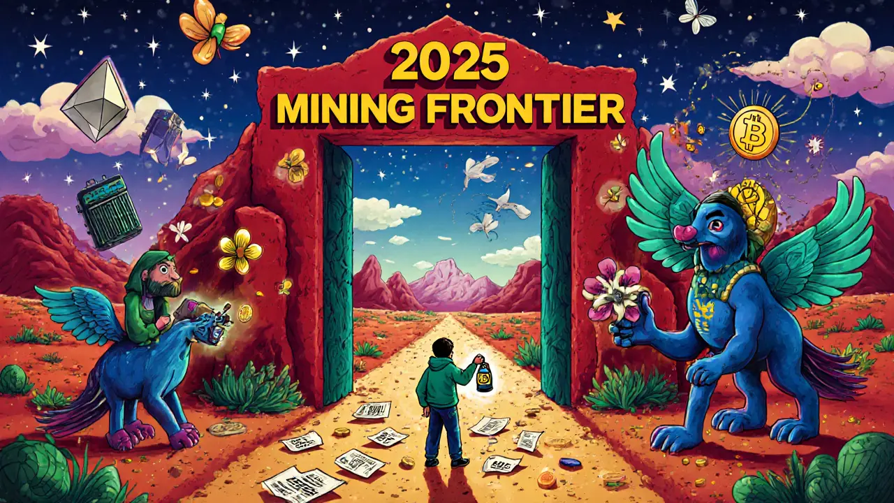 A magical doorway to 2025 mining frontier with floating Monero coins, crumbling ASICs, and a hoodie-wearing miner holding a software lantern.