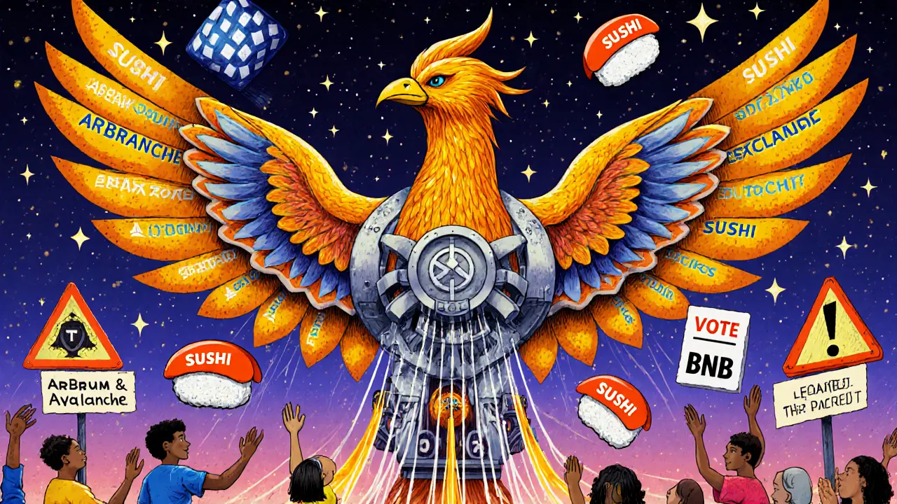 A mechanical phoenix with blockchain wings swapping tokens across chains, with community members voting on SUSHI ballots.