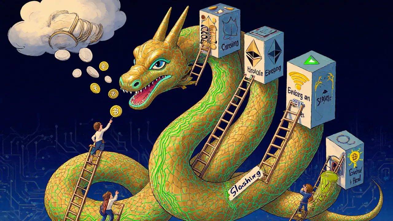 A multi-headed serpent of Ethereum blocks breathing LRT tokens, with users climbing and falling, surrounded by Alebrije patterns and regulatory shadows.